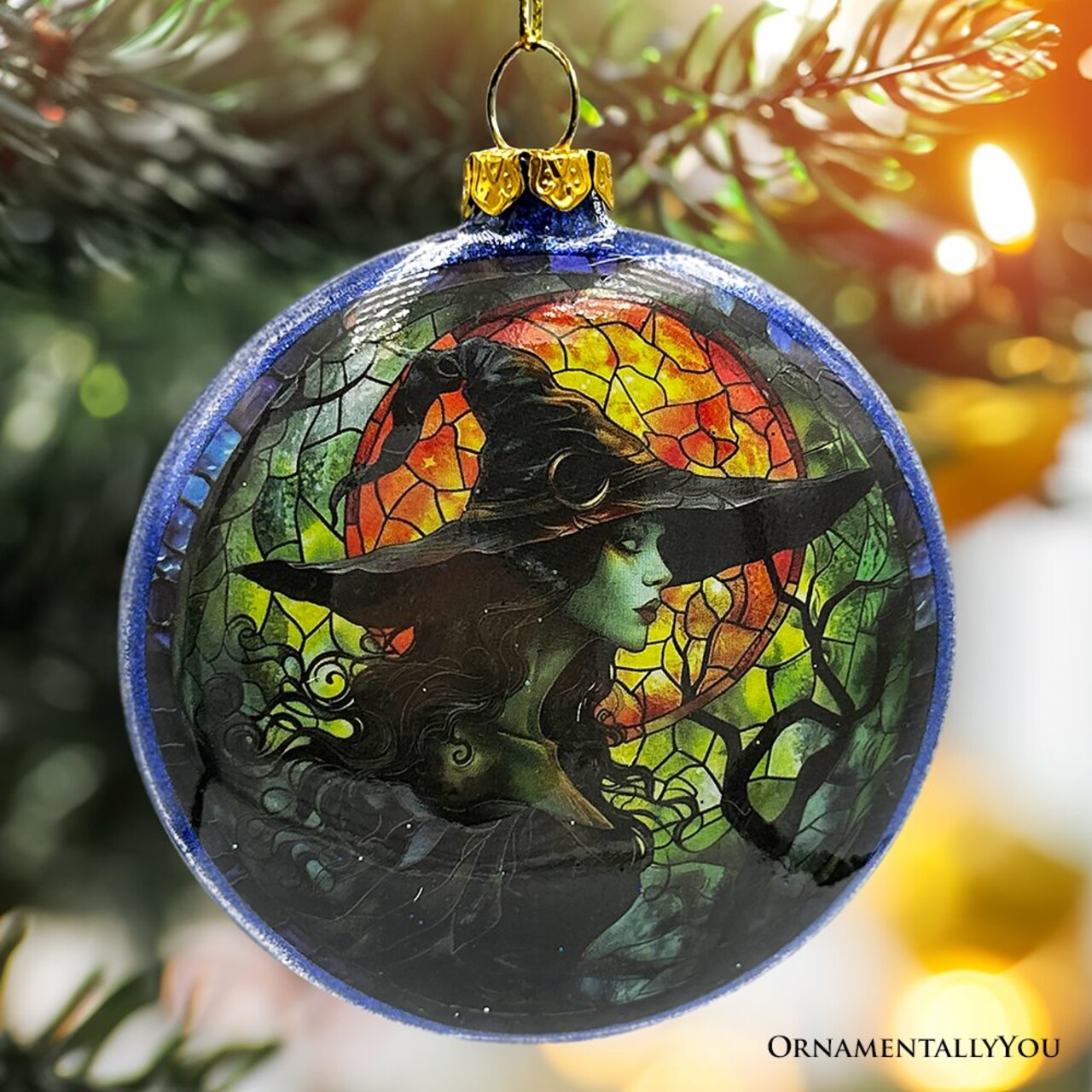 Witch and Black Cat Stained Glass Handblown Ornament, Spooky Halloween Decor